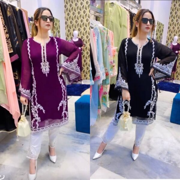New Designer Black Heavy Georgette Top With Work Palazzo Suit - Image 7
