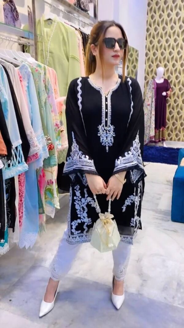 New Designer Black Heavy Georgette Top With Work Palazzo Suit - Image 5