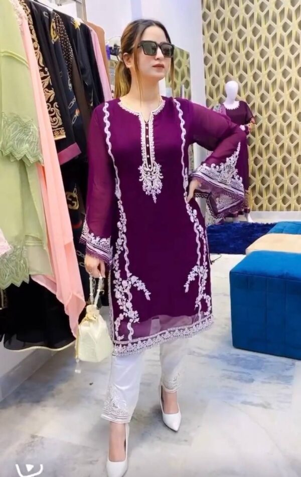 New Designer Black Heavy Georgette Top With Work Palazzo Suit - Image 4