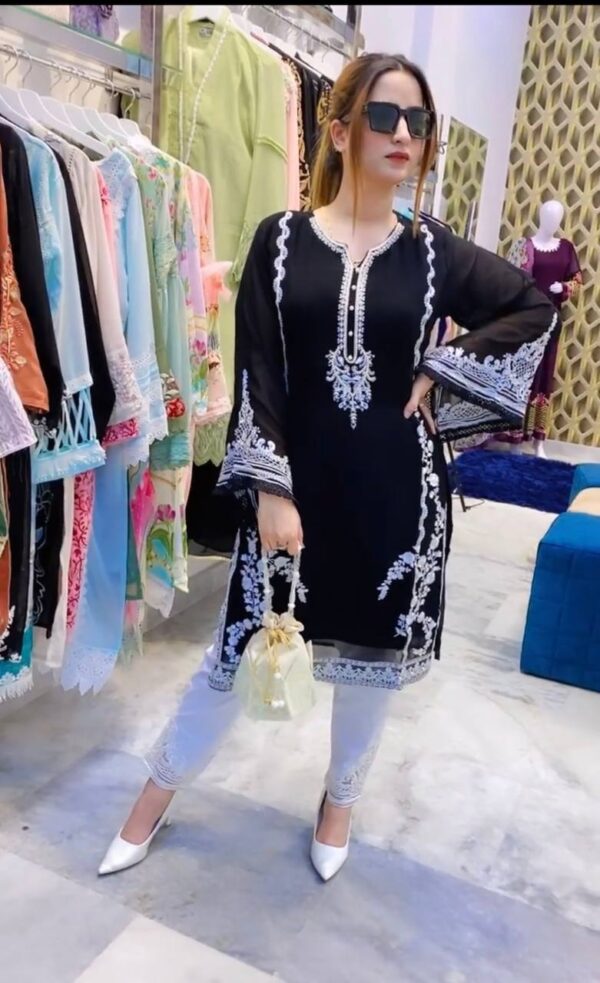 New Designer Black Heavy Georgette Top With Work Palazzo Suit - Image 3