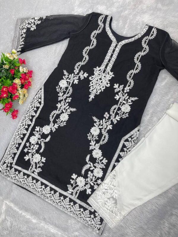 New Designer Black Heavy Georgette Top With Work Palazzo Suit - Image 2