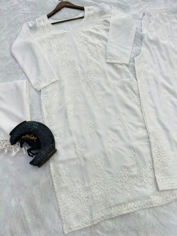 Designer Wear Trending Summer Maslin Top With Cotton Thread Embroidered Work And Work Plazo With Dupatta - Image 5
