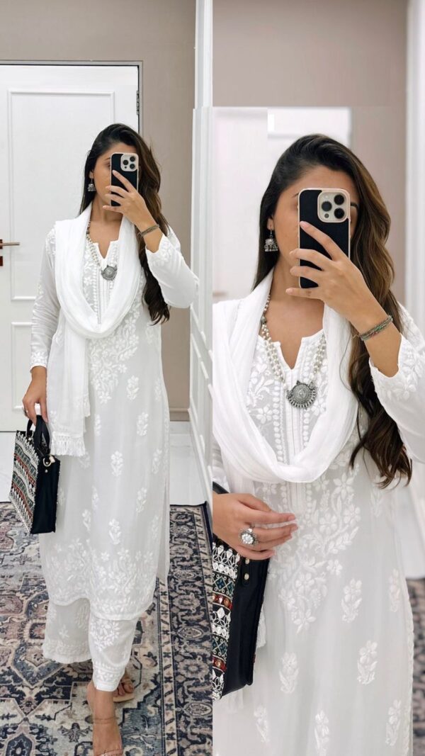Designer Wear Trending Summer Maslin Top With Cotton Thread Embroidered Work And Work Plazo With Dupatta - Image 4
