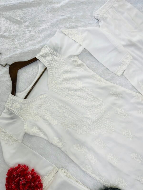 Designer Wear Trending Summer Maslin Top With Cotton Thread Embroidered Work And Work Plazo With Dupatta - Image 3