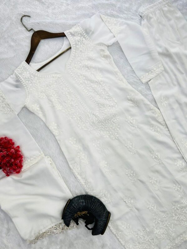 Designer Wear Trending Summer Maslin Top With Cotton Thread Embroidered Work And Work Plazo With Dupatta - Image 2
