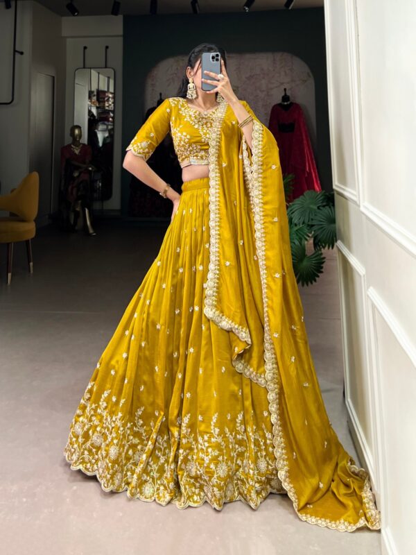 Haldi Special Vichitra Silk and Sequins and Thread Embroidery Work Fully stitched Lehenga with Choli & Dupatta.   