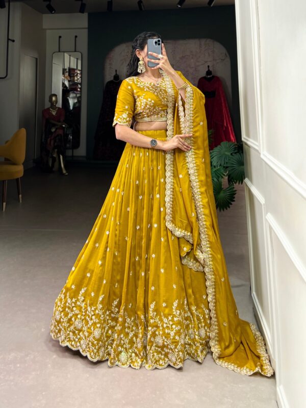 Haldi Special Vichitra Silk and Sequins and Thread Embroidery Work Fully stitched Lehenga with Choli & Dupatta.    - Image 3