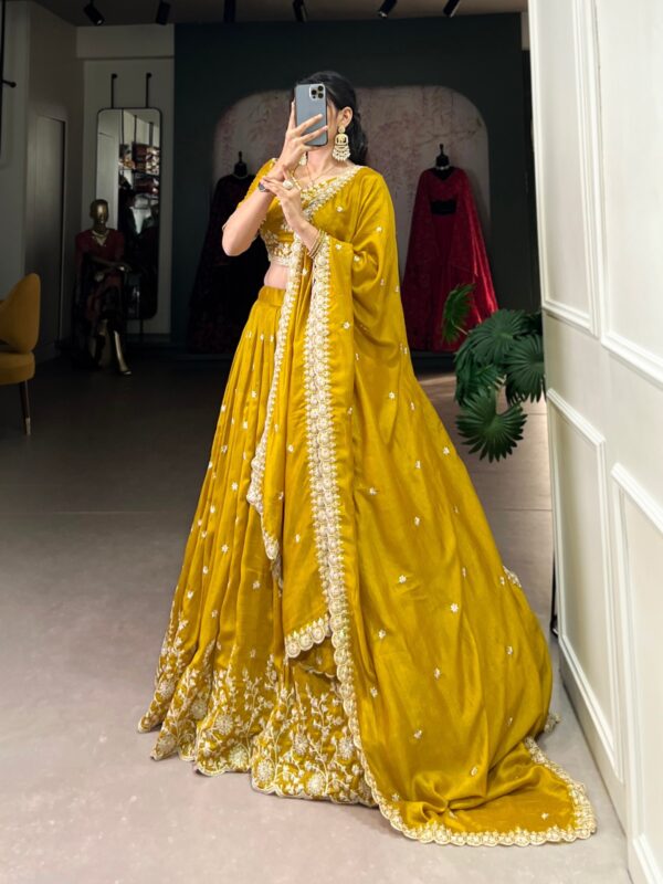 Haldi Special Vichitra Silk and Sequins and Thread Embroidery Work Fully stitched Lehenga with Choli & Dupatta.    - Image 5