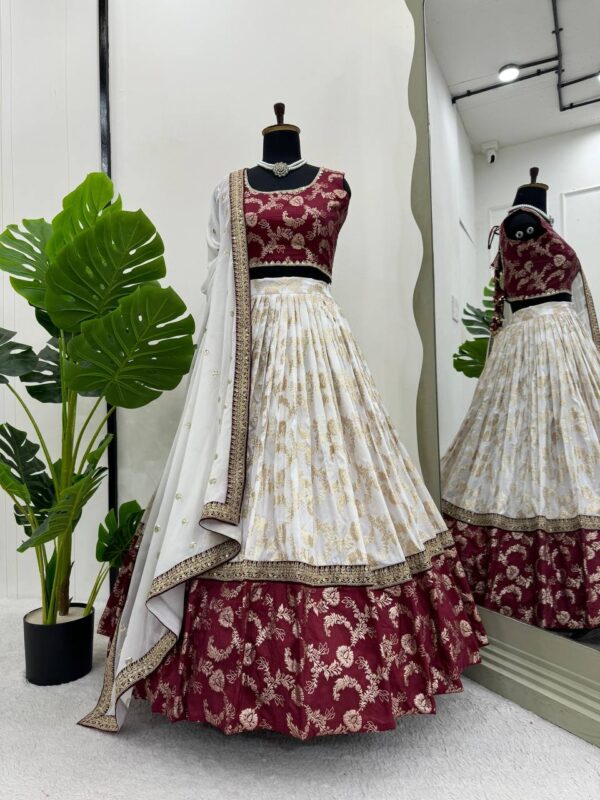 Wedding Special Semi Stitched Jequrd and Codeing with Sequence Work Lehenga.