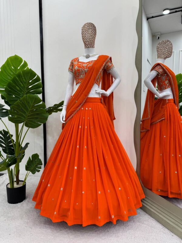 Wedding Special Foux Gorgette And  Thread with Sequence Work Lehenga Saree. 