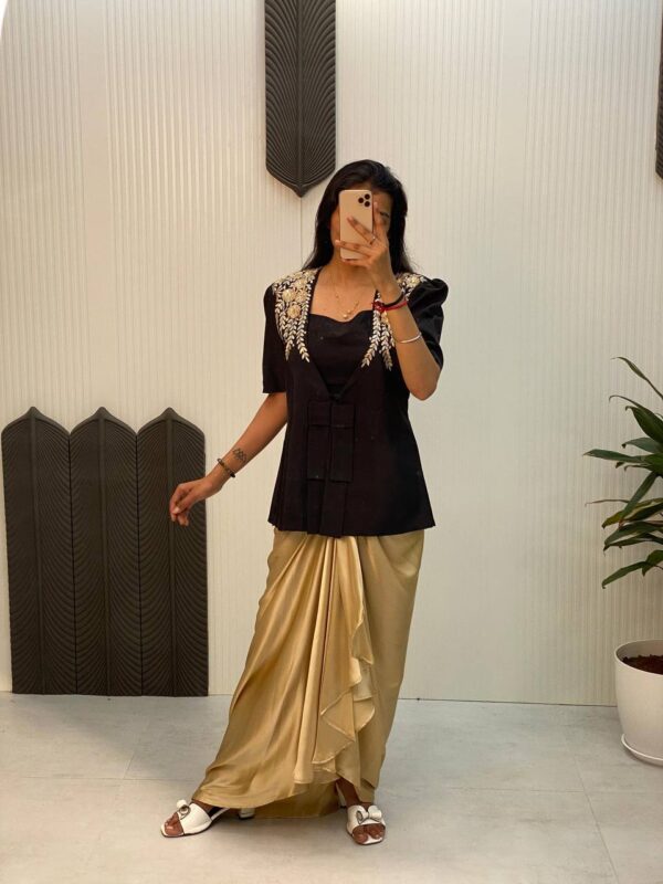 Party Wear Ready made French Crape and Japan Satin Blouse Dhoti & Blazer.     - Image 8