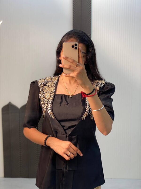 Party Wear Ready made French Crape and Japan Satin Blouse Dhoti & Blazer.     - Image 3