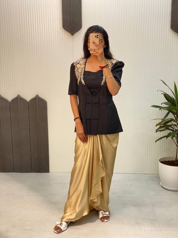 Party Wear Ready made French Crape and Japan Satin Blouse Dhoti & Blazer.     - Image 5