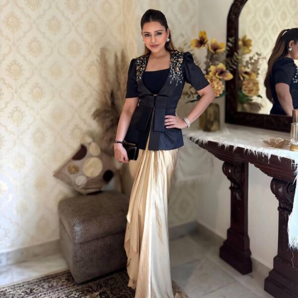 Party Wear Ready made French Crape and Japan Satin Blouse Dhoti & Blazer.    