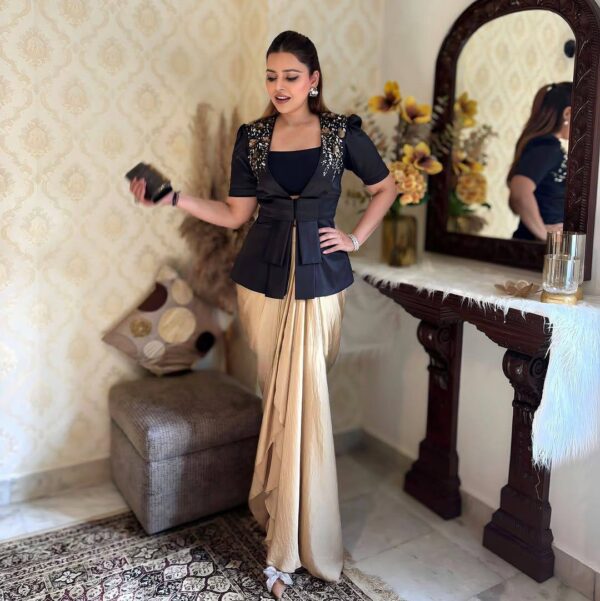 Party Wear Ready made French Crape and Japan Satin Blouse Dhoti & Blazer.     - Image 9