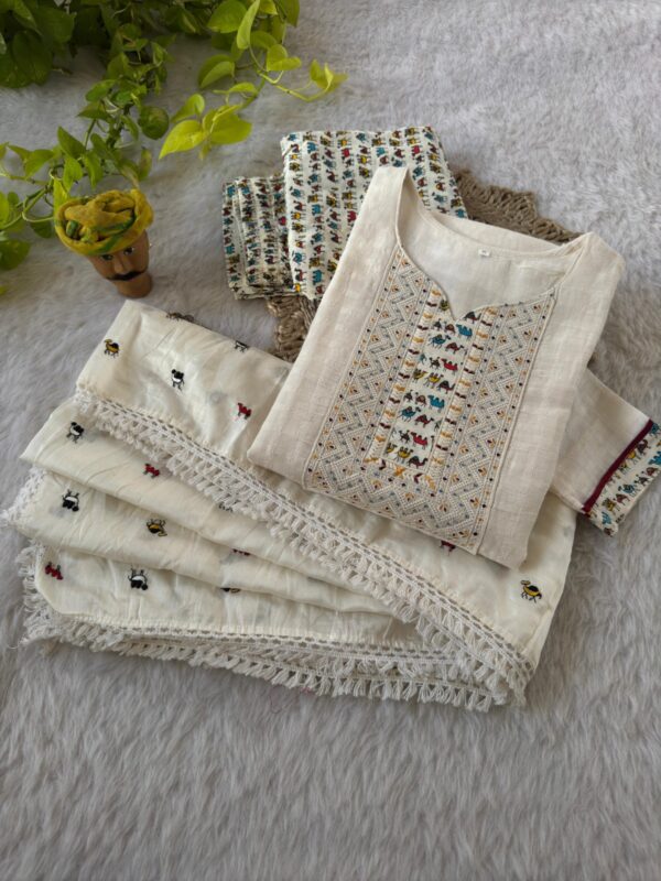 Premium weaving Cotton and Embroidery Sequence Neck Work Ready made Kurti Pant & Dupatta. - Image 3