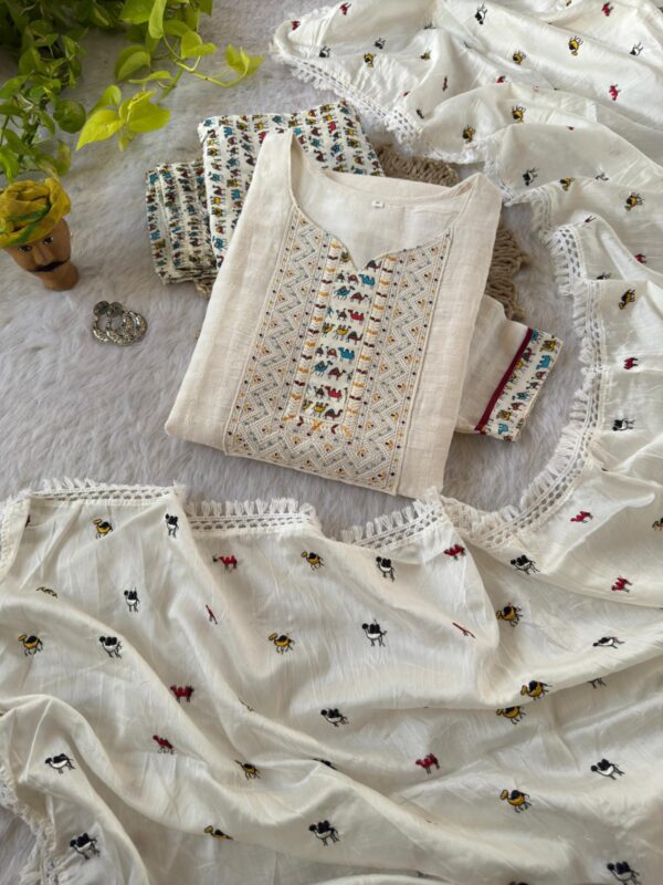 Premium weaving Cotton and Embroidery Sequence Neck Work Ready made Kurti Pant & Dupatta. - Image 5