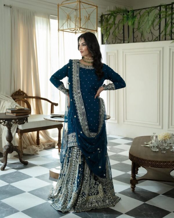 New Heavy Embroidery Sequence Work Top-Gharara And Dupatta Set Fully Stitched Ready To Wear. - Image 9