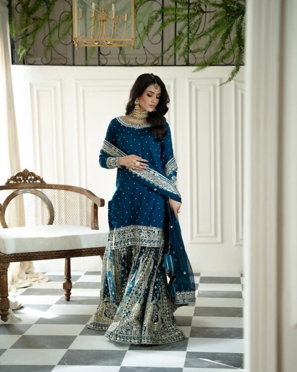 New Heavy Embroidery Sequence Work Top-Gharara And Dupatta Set Fully Stitched Ready To Wear.