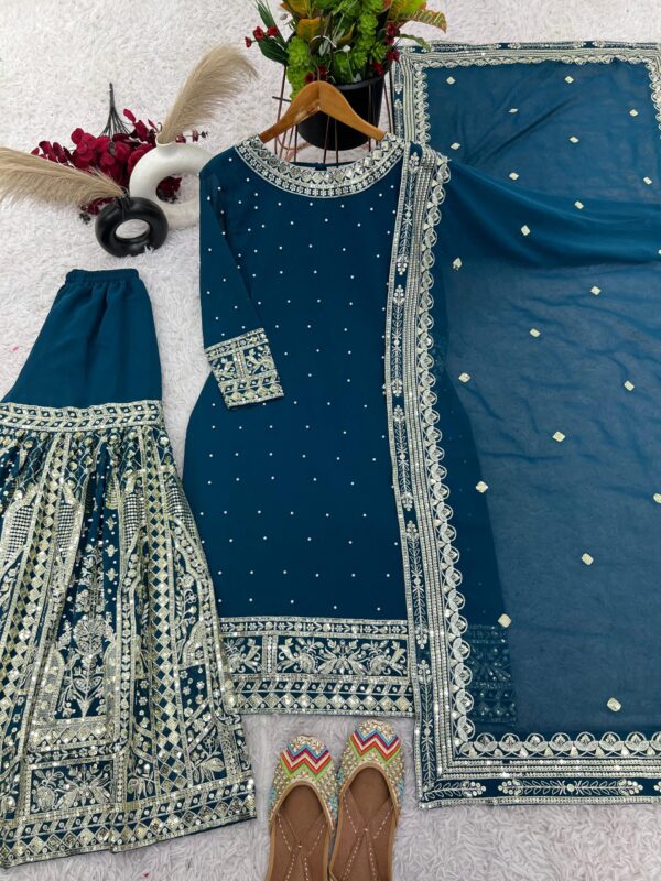 New Heavy Embroidery Sequence Work Top-Gharara And Dupatta Set Fully Stitched Ready To Wear. - Image 3