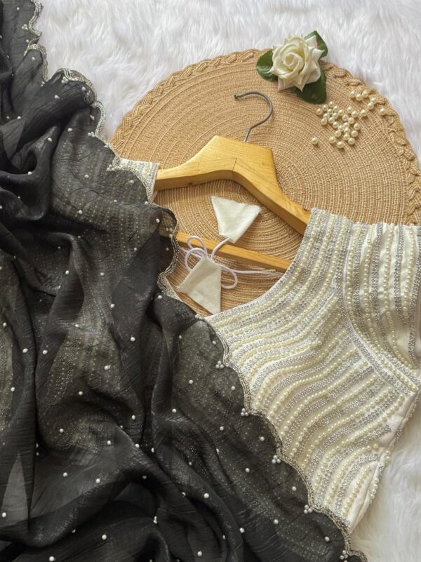 Jari silk and Moti Work Saree With Faully stitched Blouse. - Image 4
