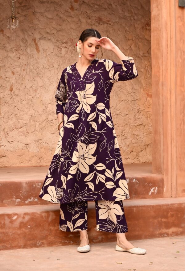 PURE COTTON PRINTED A-LINE KURTI WITH PRINTED PLAZZO SET. - Image 4