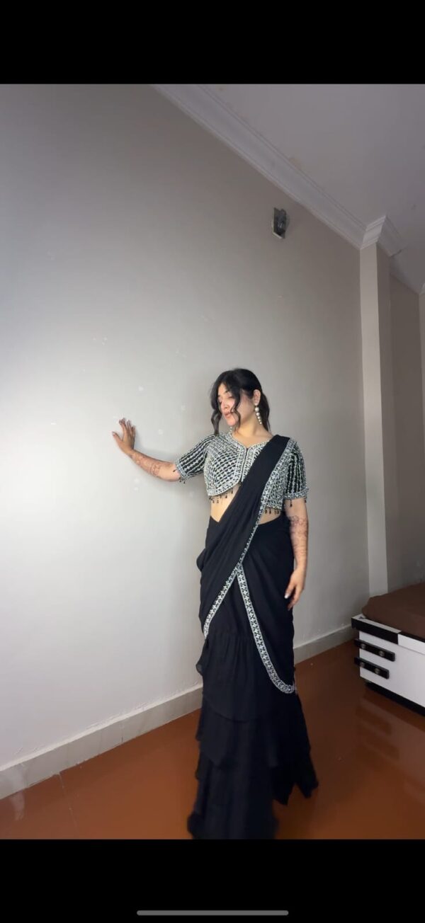 Georgette Ruffle Ready To Wear Saree With Readymade Blouse. - Image 4