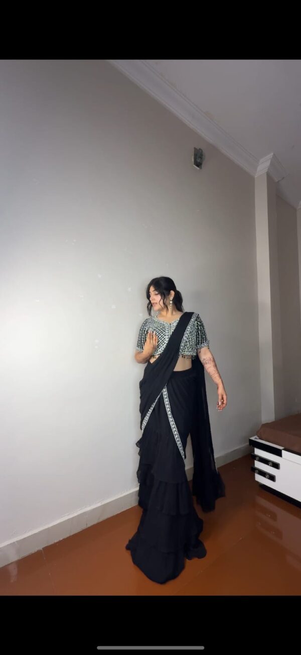 Georgette Ruffle Ready To Wear Saree With Readymade Blouse. - Image 6