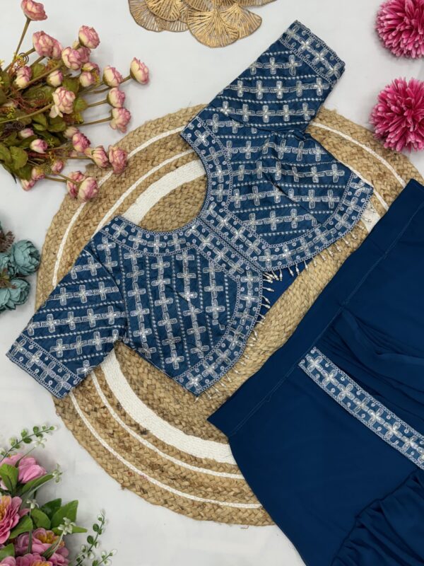 Georgette Ruffle Ready To Wear Saree With Readymade Blouse. - Image 7