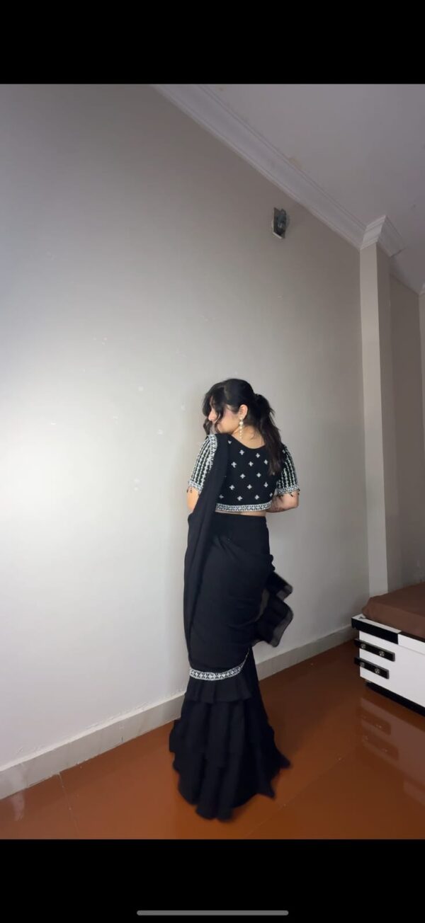 Georgette Ruffle Ready To Wear Saree With Readymade Blouse. - Image 5