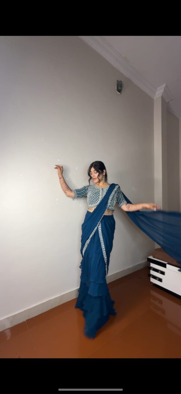 Georgette Ruffle Ready To Wear Saree With Readymade Blouse.