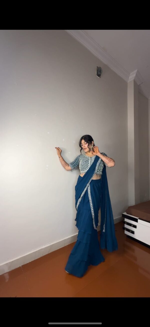Georgette Ruffle Ready To Wear Saree With Readymade Blouse. - Image 9
