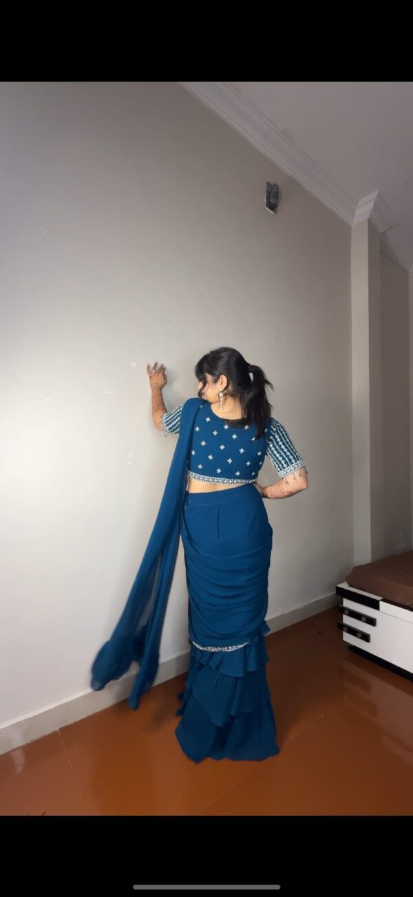 Georgette Ruffle Ready To Wear Saree With Readymade Blouse. - Image 10