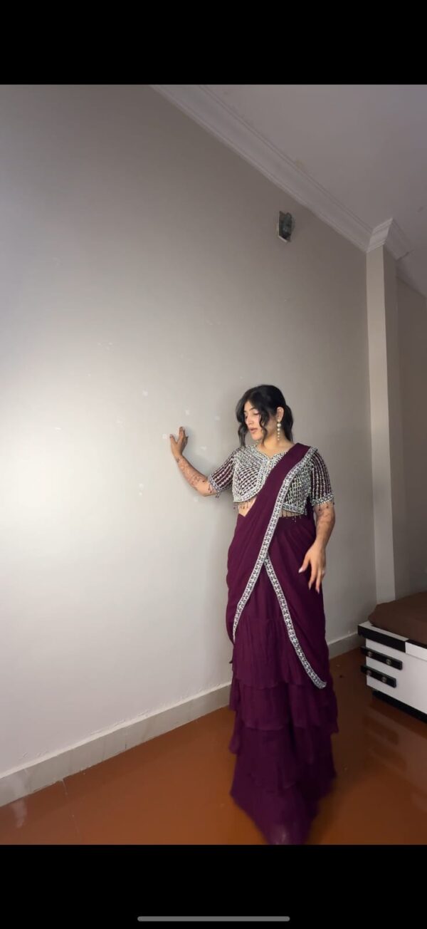 Georgette Ruffle Ready To Wear Saree With Readymade Blouse. - Image 16