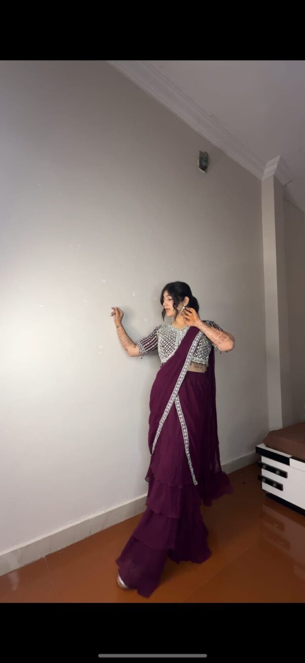Georgette Ruffle Ready To Wear Saree With Readymade Blouse. - Image 14