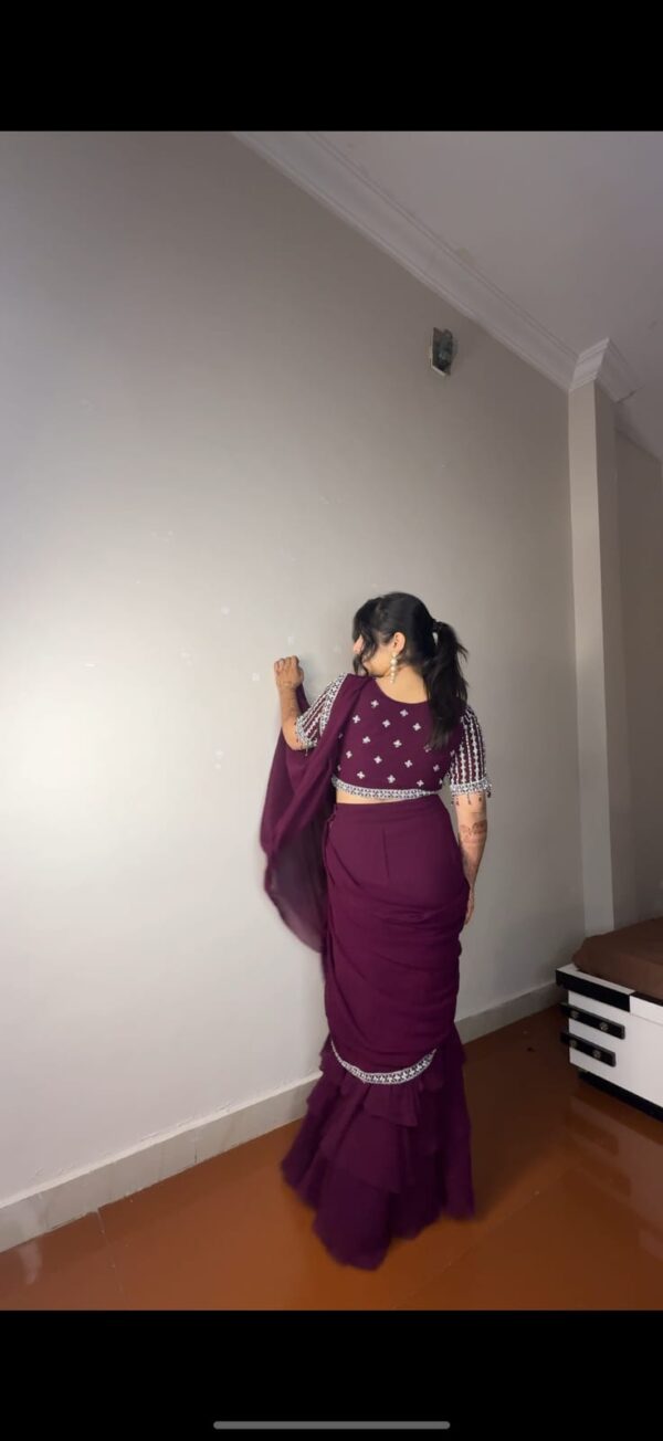 Georgette Ruffle Ready To Wear Saree With Readymade Blouse. - Image 15