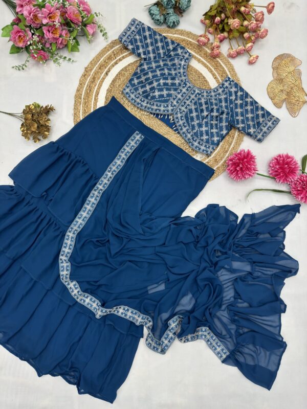 Georgette Ruffle Ready To Wear Saree With Readymade Blouse. - Image 8