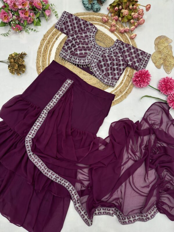 Georgette Ruffle Ready To Wear Saree With Readymade Blouse. - Image 13