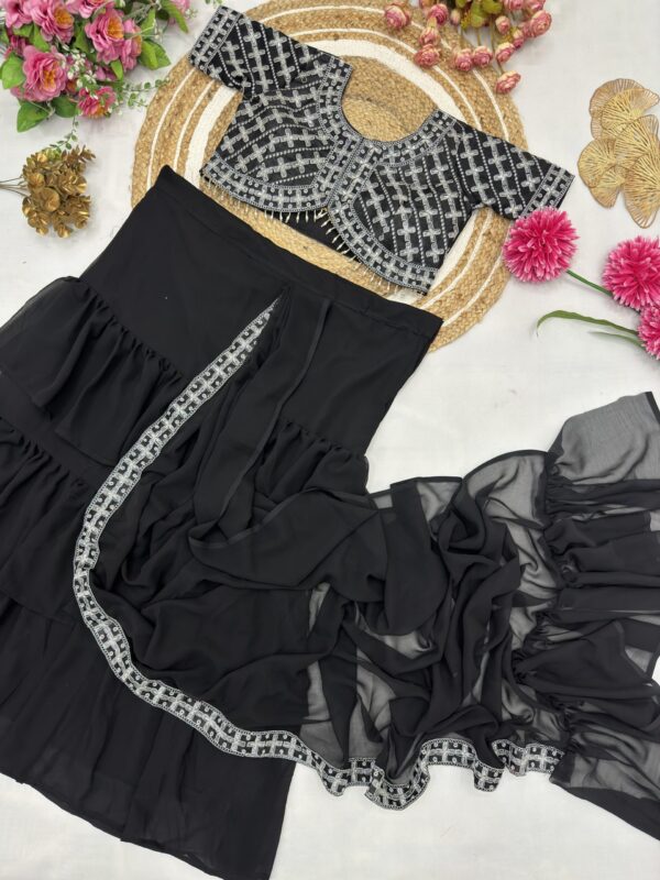 Georgette Ruffle Ready To Wear Saree With Readymade Blouse. - Image 3