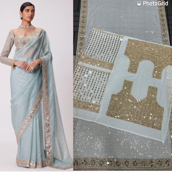 Faux Georgette with Mirror Work Saree & Blouse. - Image 2