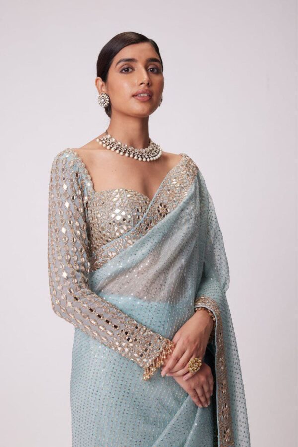Faux Georgette with Mirror Work Saree & Blouse. - Image 4