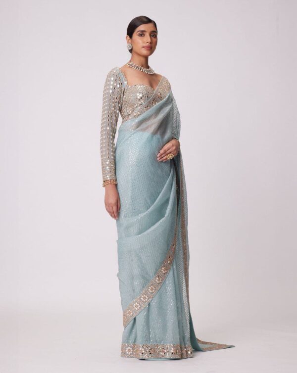 Faux Georgette with Mirror Work Saree & Blouse. - Image 5