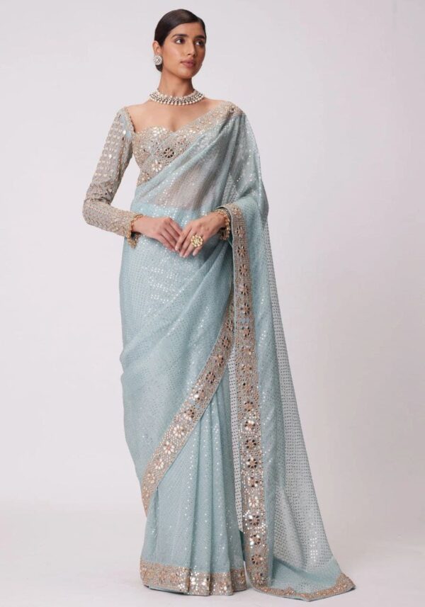 Faux Georgette with Mirror Work Saree & Blouse.