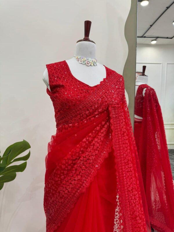 Designer Saree on Soft Net Fabric with Sequence work and Blouse. - Image 7