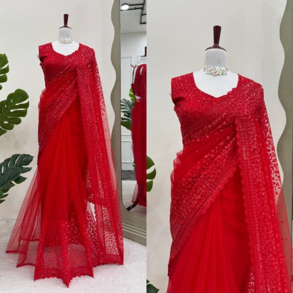 Designer Saree on Soft Net Fabric with Sequence work and Blouse. - Image 4