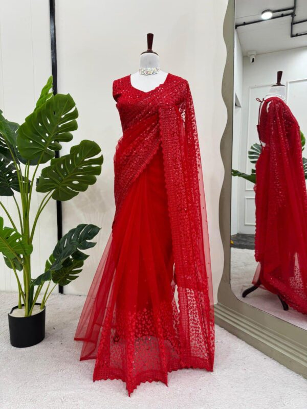 Designer Saree on Soft Net Fabric with Sequence work and Blouse. - Image 5
