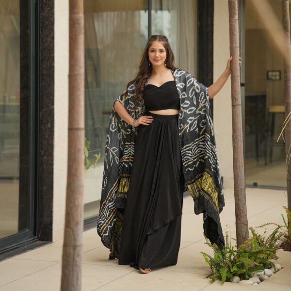 Ready made Party Wear Drape Skirt with choli and Shrug.