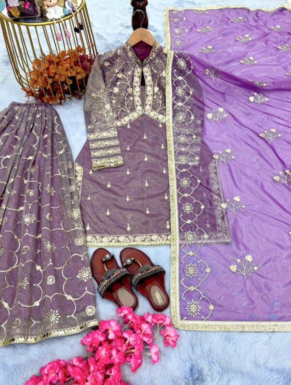 Ready made Party Wear Look Gold Net Top, Plazzo & Dupatta Set. - Image 4