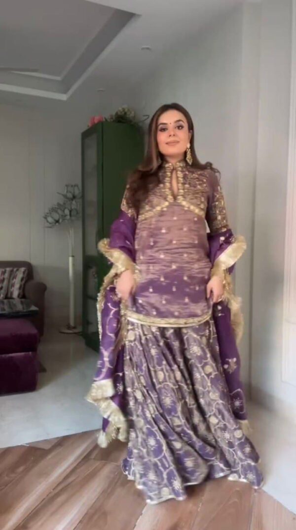 Ready made Party Wear Look Gold Net Top, Plazzo & Dupatta Set.