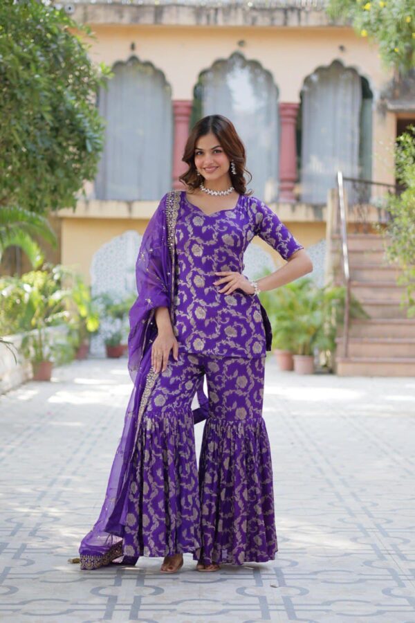Ready made Viscose Georgette Jacquard Kurti, Sharara with Lace Border Work Dupatta. - Image 3
